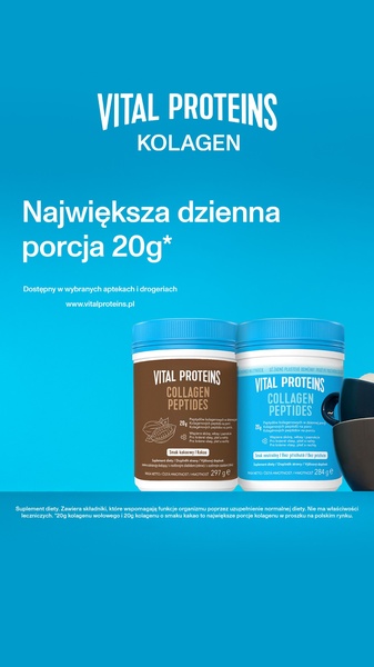 A vertical-format ad creative featuring product packaging and a clear, bold statement about the daily serving size of the collagen peptides.